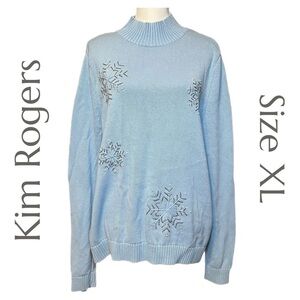 Kim Rogers - Embellished Snowflakes Mock Neck Sweater Light Blue Size XL